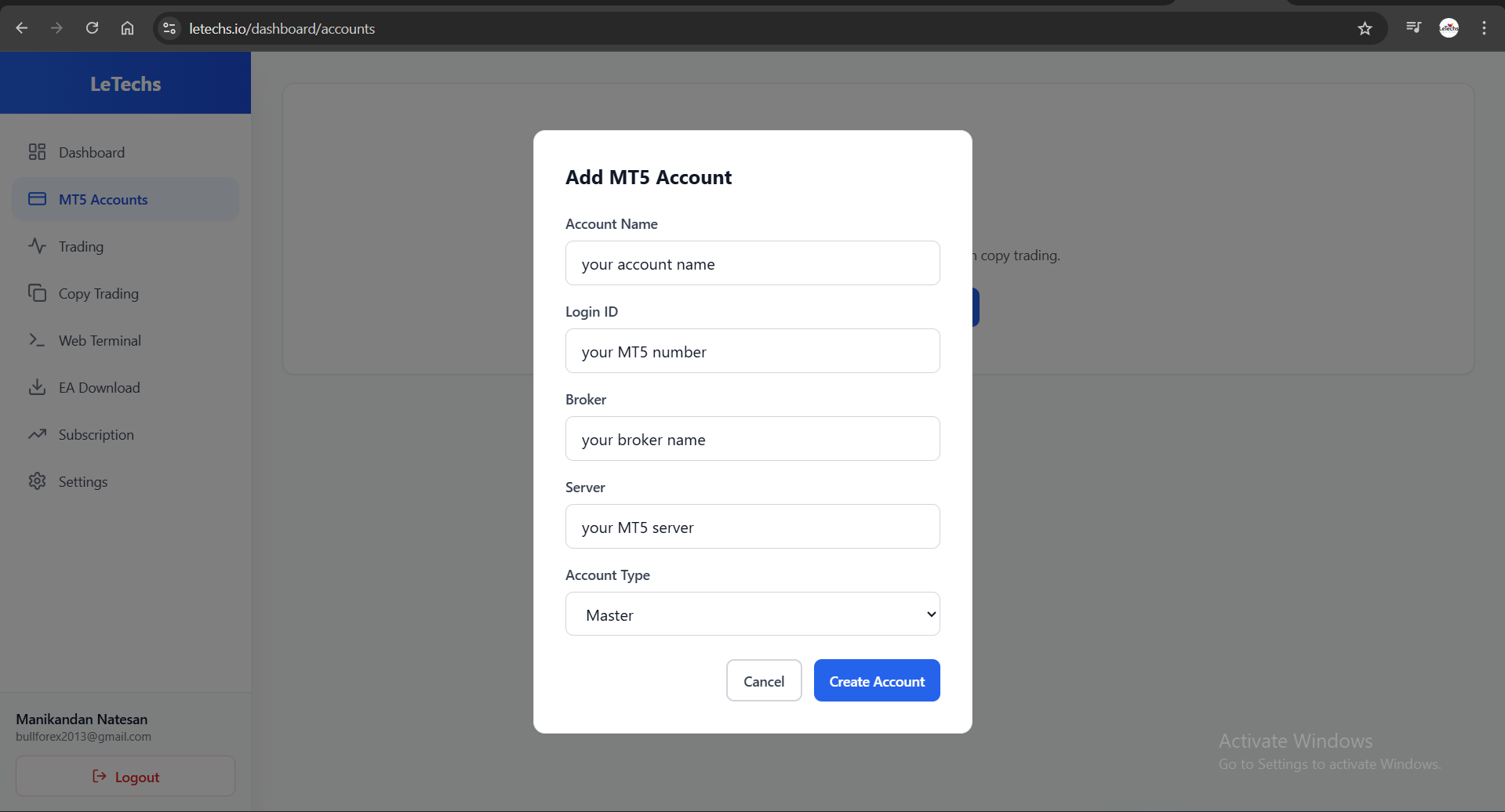 Add MT5 master account form