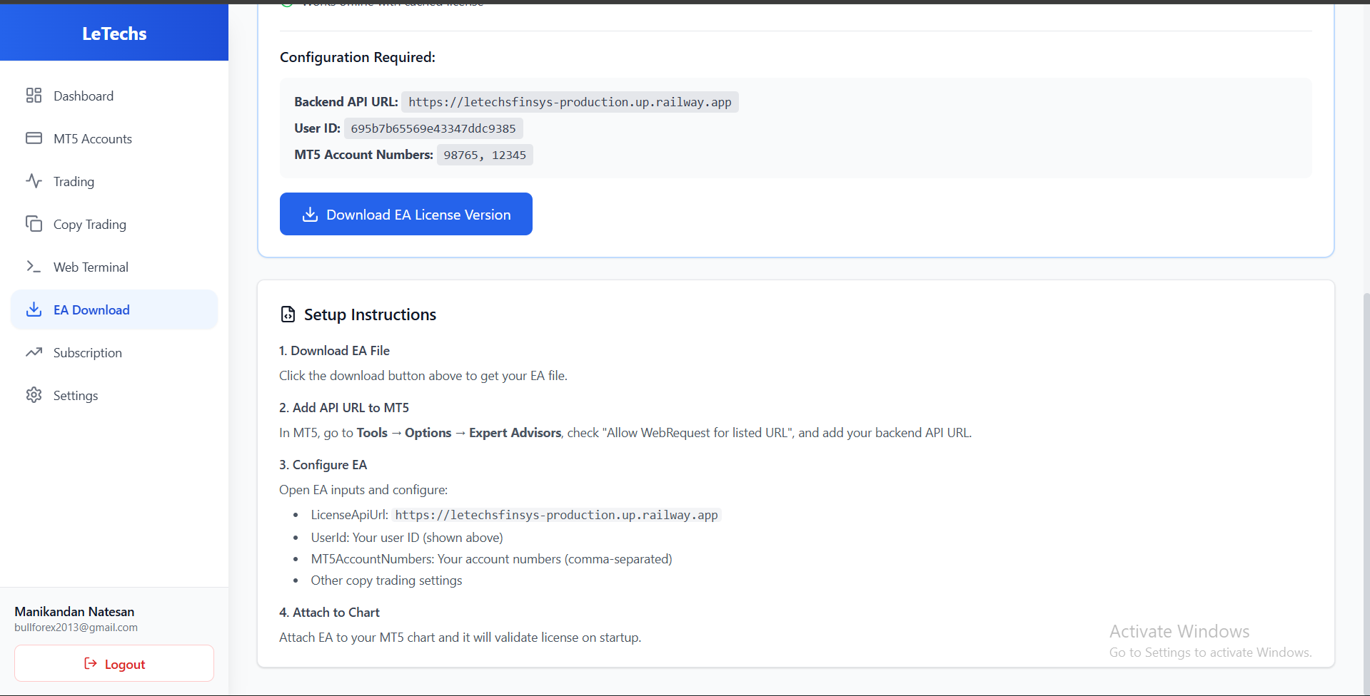 EA download page with configuration details
