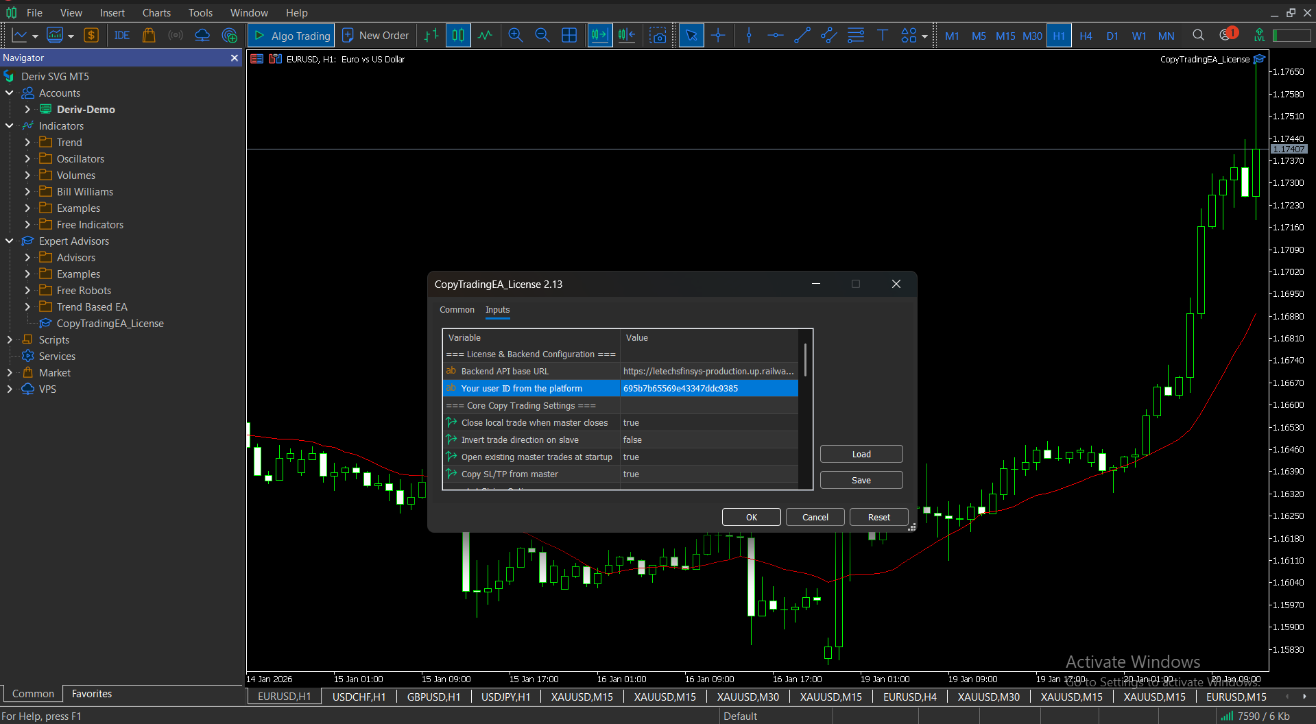 Attach EA to chart and enter user ID