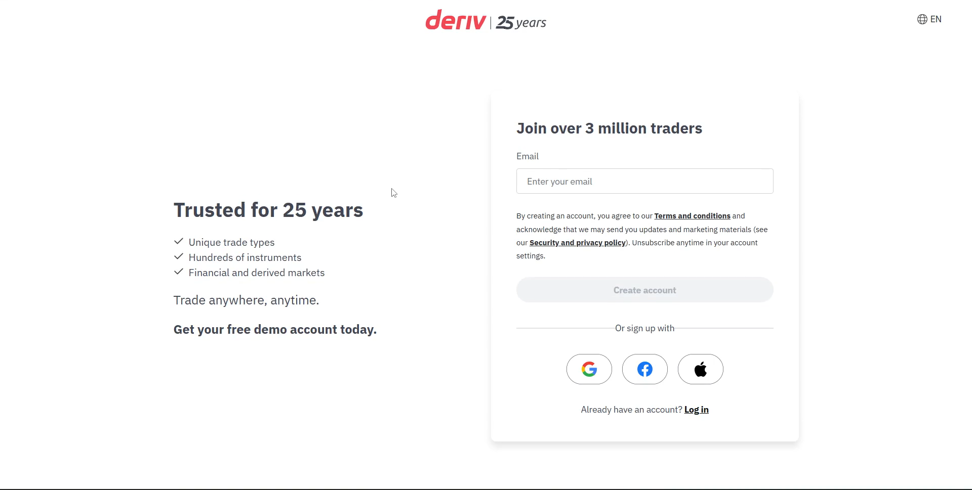 Deriv signup screen with email field and create account button