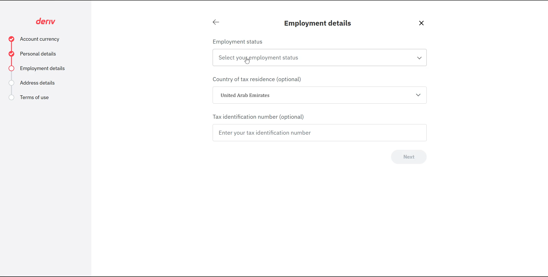 Employment details step with status and tax fields
