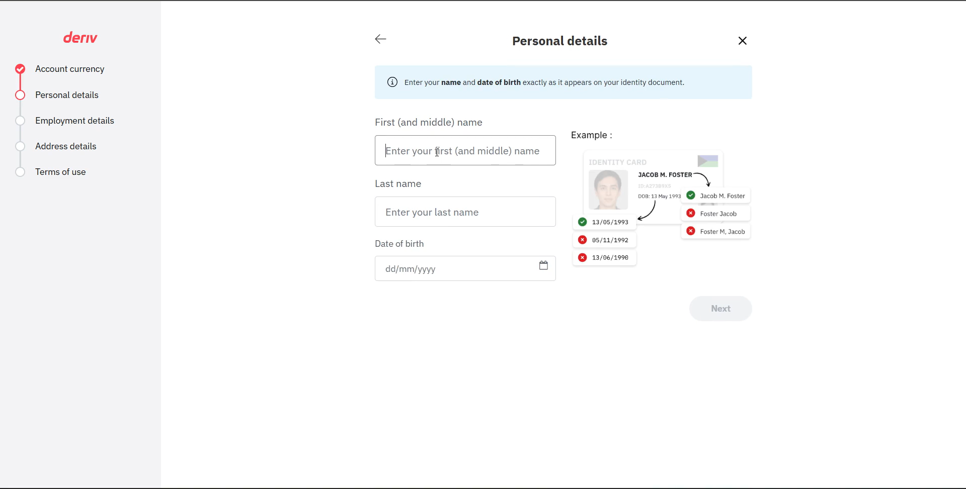 Personal details form with name and date of birth