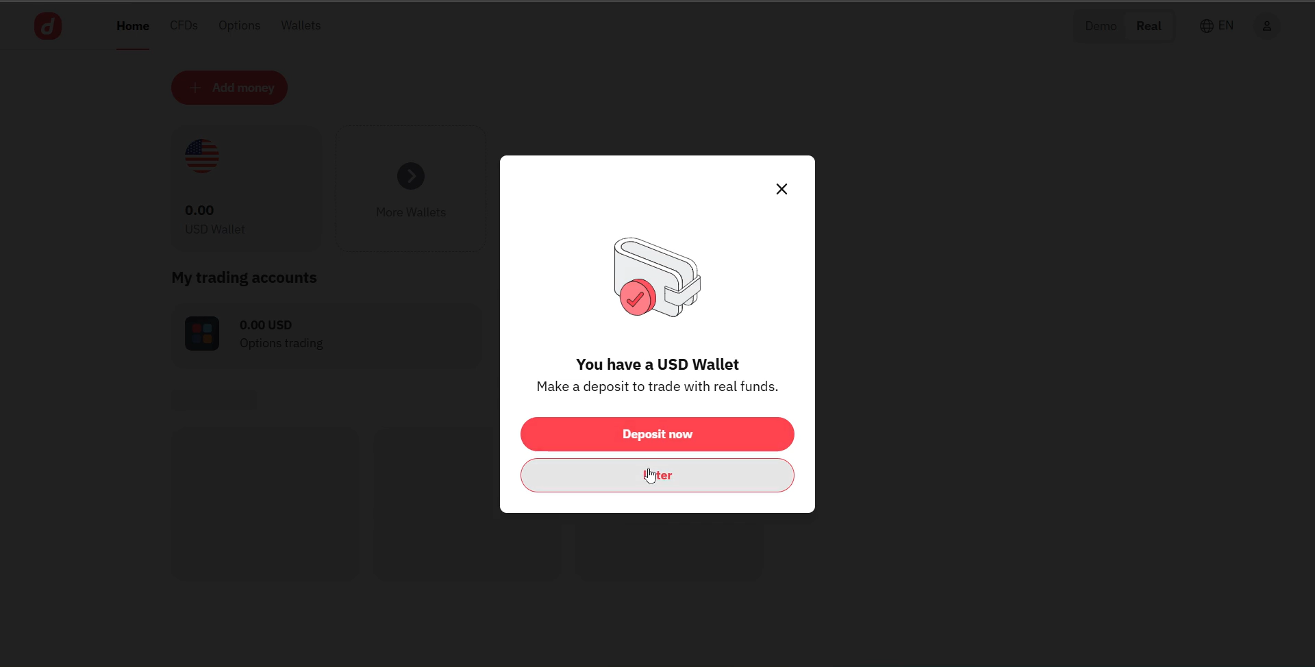 Deriv dashboard showing real account wallet
