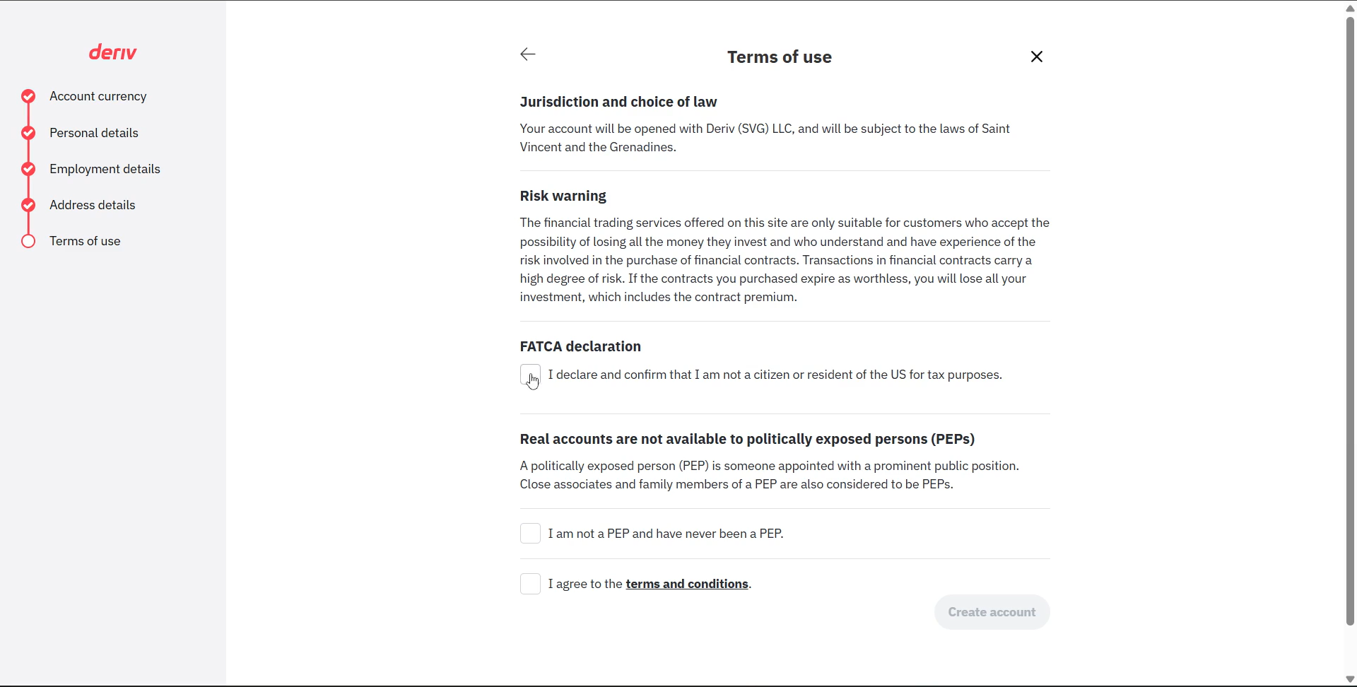 Terms of use screen with checkboxes