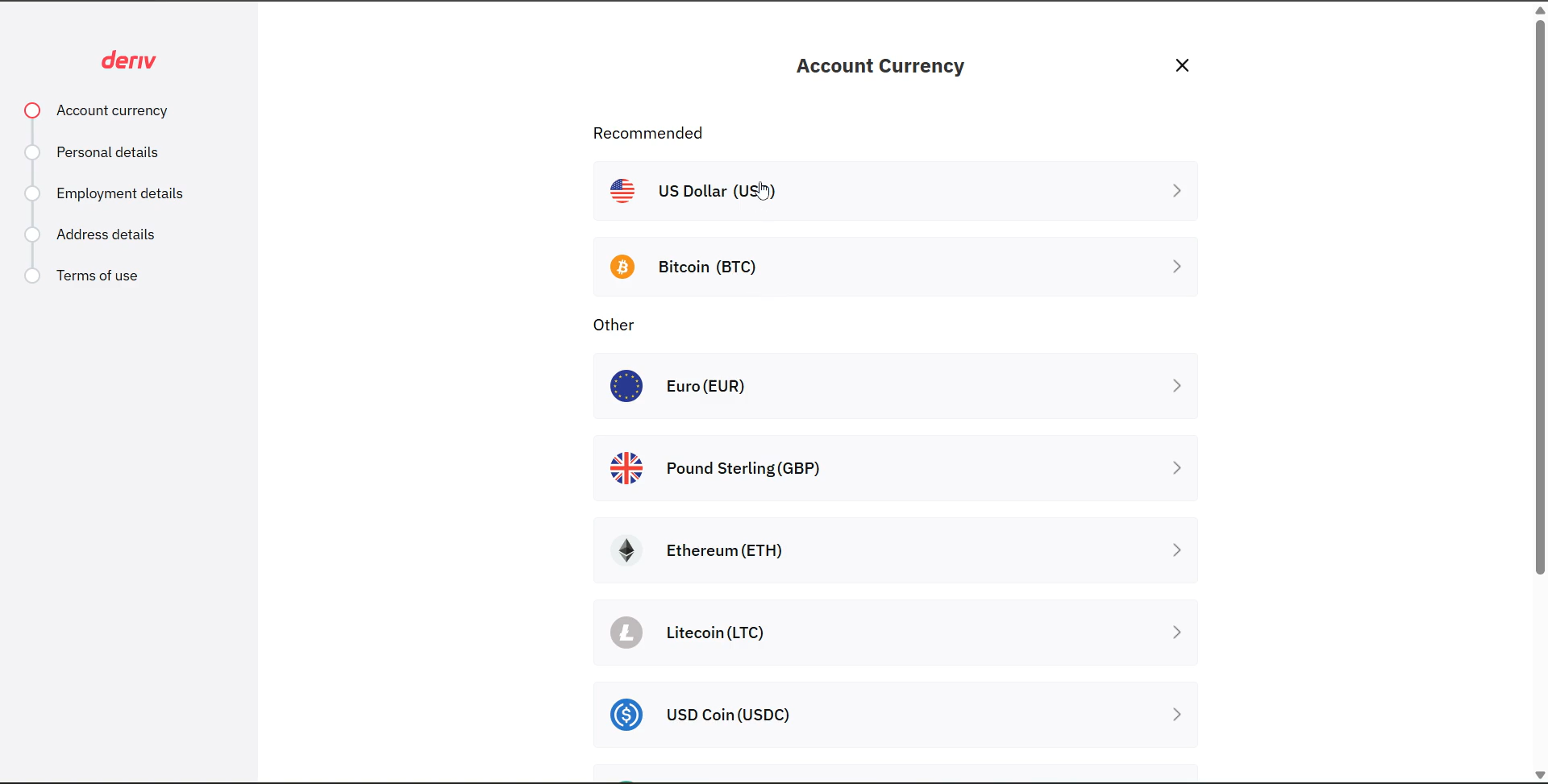 Account currency selection screen
